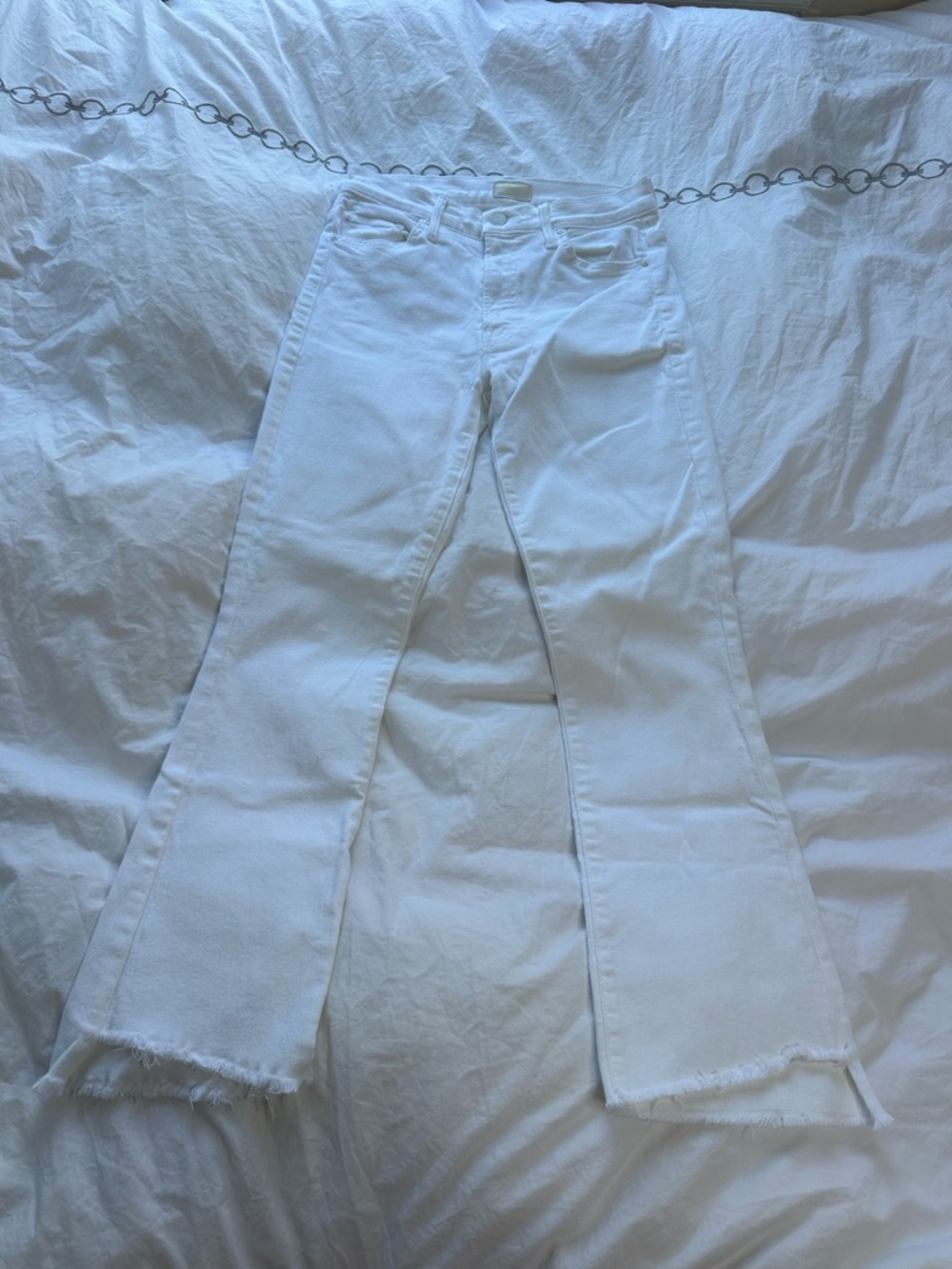 MOTHER White Frayed Hem Flare Jeans